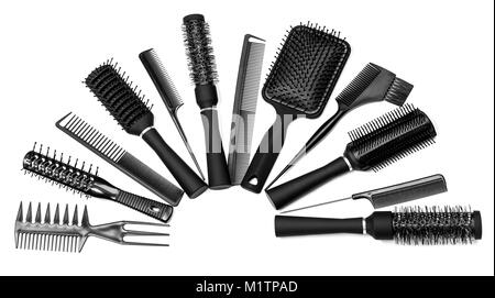 Strumenti per parrucchieri su sfondo bianco Foto Stock
