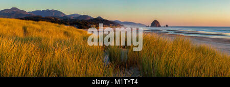 Guardando verso sud a Cannon Beach e Haystack Rock in Cannon Beach, Oregon Foto Stock
