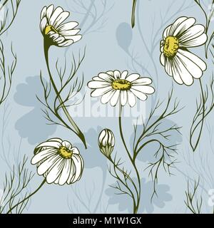 La Camomilla fiori seamlees vettore pattern texture a base di erbe su sfondo blu Illustrazione Vettoriale