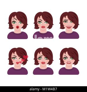 Icone di Emoticon brunette girl isolato su bianco Illustrazione Vettoriale