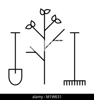 Icona linea di piantare le piantine e la cura del giardino, strumento di pala e rastrello Illustrazione Vettoriale