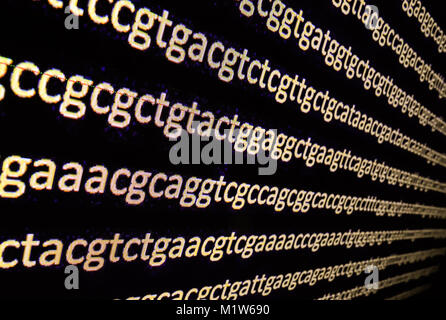 Il sequenziamento del genoma. Sullo sfondo il soggetto di sequenziamento di DNA, simboli di basi nucleotidiche sul buio. Foto Stock