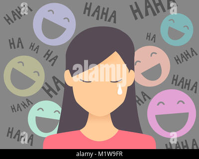 Concetto illustrazione con un pianto ragazza adolescente di essere insultato da ridere emoticon Foto Stock