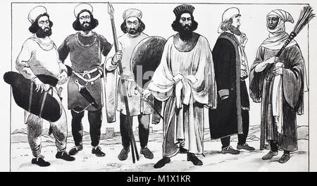 Abbigliamento moda in antica Persia 6.- 5. Secolo a.c. da sinistra, tre guerrieri in persiano antico minigonna con cintura e pantaloni lunghi, quindi un nobile persiano, poi un persiano in costume di viaggio con un cappotto aperto e un servo in un lungo indumento esterno e volare a frusta, digitale migliorata la riproduzione di un originale di stampa dal XIX secolo Foto Stock