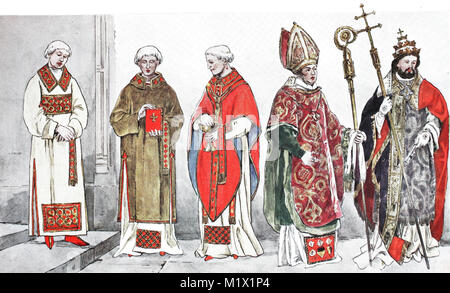 Abbigliamento, Moda, costumi di sacerdoti e vescovi e papi dal XIV-XVIII  secolo, da sinistra, diacono romano intorno al 1460, un diacono fiamminga  intorno al 1460, un sacerdote di Messornat attorno al 1470