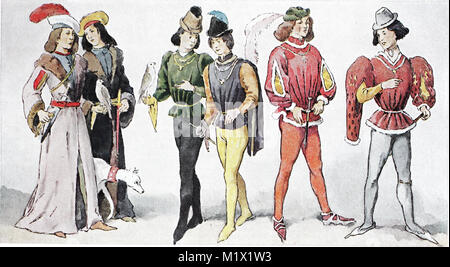 Abbigliamento di moda in Francia nella prima metà del XV secolo, la società francese, nobile gioventù in falconeria, digitale migliorata la riproduzione di un originale di stampa dal XIX secolo Foto Stock