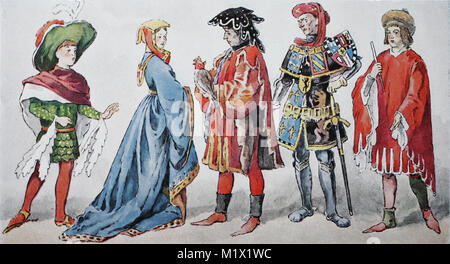 Abbigliamento di moda in Francia, Burgundian moda da 1425-1490, costumi a corte, da sinistra, giovane gentiluomo in mezza lunghezza giro camicia, signora in un lungo abito, hawk-cacciatori in pesanti, i lati aperti Hoike, duca Filippo il Buono di Borgogna e un nobile giovane uomo, digitale migliorata la riproduzione di un originale di stampa dal XIX secolo Foto Stock