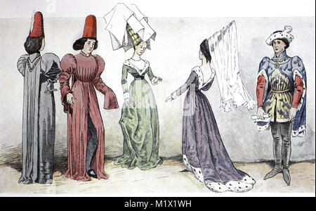 Abbigliamento di moda in Francia, Burgundian moda da 1425-1490, costumi a corte, da sinistra, Corte colleghi attorno al 1470, corte dame in abiti lunghi e giovane duca della Borgogna, digitale migliorata la riproduzione di un originale di stampa dal XIX secolo Foto Stock