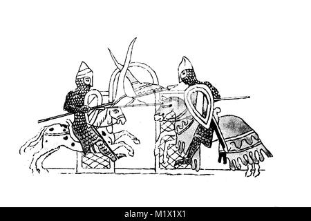 Europa, caschi e spade nel medioevo dal 1000-1500, cavalieri spagnoli nel torneo, dopo una rappresentazione nell'Alhambra vicino a Granada, digitale migliorata la riproduzione di un originale di stampa dal XIX secolo Foto Stock