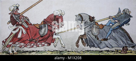 Moda, abbigliamento, cavalieri armor, Tedesco costumi torneo intorno al 1500-1515, sulla sinistra il duca Guglielmo IV di Baviera e sulla destra il Ritter von Egloffstein al cosiddetto Scharfrennen tedesco, digitale migliorata la riproduzione di un originale di stampa dal XIX secolo Foto Stock