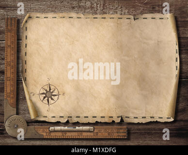 Vecchia mappa vuota dello sfondo. Avventura e concetto di viaggio. 3d'illustrazione. Foto Stock