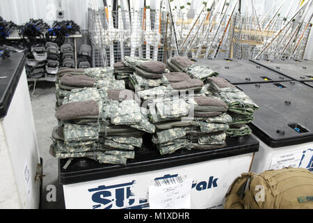 Equipment for the Cold-Weather Operations Course (CWOC) is shown on Jan. 24, 2018, at Fort McCoy, Wis. During CWOC, students are trained on a variety of cold-weather subjects, including skiing and snowshoe training as well as how to use ahkio sleds and other gear. Training also focuses on terrain and weather analysis, risk management, cold-weather clothing, developing winter fighting positions in the field, camouflage and concealment, and numerous other areas that are important to know in order to survive and operate in a cold-weather environment. The training is coordinated through the Direct Foto Stock