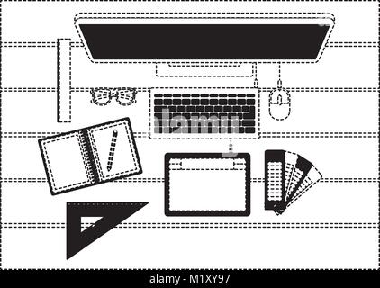 Computer desktop e gli strumenti di disegno su desk sulla vista superiore in nero contorno tratteggiato Illustrazione Vettoriale