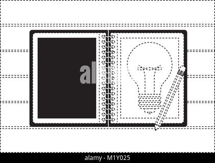 Notebook a spirale con lampadina nel foglio e matita sopra desk sulla vista superiore in nero contorno tratteggiato Illustrazione Vettoriale