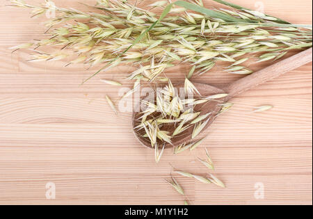 Vista dall'alto di un cucchiaio di legno con oat essiccato Foto Stock