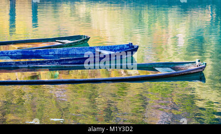 Tre Vecchi colorati in legno di piccole imbarcazioni a remi di pesca riempito con acqua sul Lago di Scutari ( Skadarsko Jezero), Montenegro, Crna Gora, Europa meridionale. Foto Stock