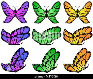 Gradiente di colore fantasia Butterfly impostato su bianco sfondo isolato, 9 pz. Foto Stock