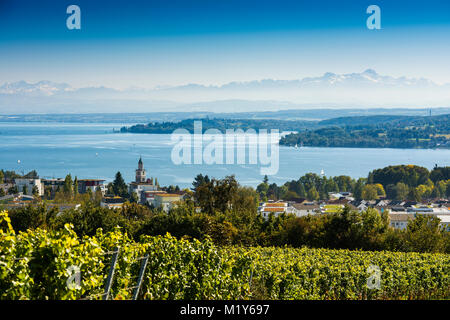 Vista sul lago di Costanza nel retro delle alpi svizzere con il Säntis, Überlingen, Baden-Württemberg, Germania Foto Stock