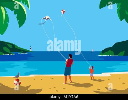 Kiting sulla spiaggia di mare. Illustrazione Vettoriale