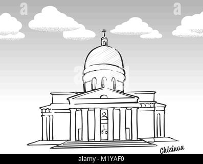 Chisinau in Moldova famoso sketch. Lineart disegno a mano. Biglietto di auguri icona con titolo, illustrazione vettoriale Illustrazione Vettoriale