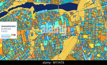 Ouagadougou, Burkina Faso, colorati Artmap vettore. Blue-Orange-versione gialla per il sito Web Infografico parete, arte e biglietto di auguri sfondi. Illustrazione Vettoriale