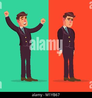 Felice e infelice imprenditore vettore. Il bene e il male. Giusto e sbagliato. Simili e antipatia. Piatto isolato personaggio dei fumetti illustrazione Illustrazione Vettoriale