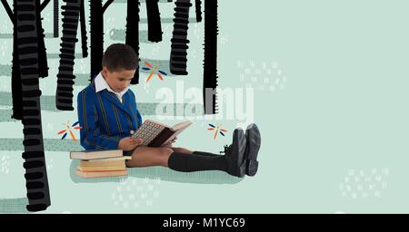 Ragazzo lettura in una foresta disegnata Foto Stock