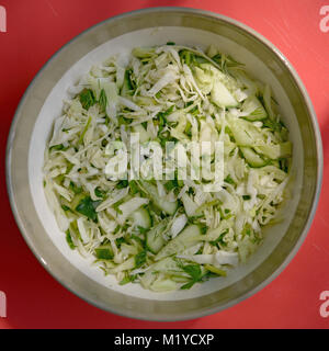 Top vista ravvicinata di fresca insalata primavera oaf cavolo tagliato a fette con il cetriolo, la cipolla verde e aneto t è in tondo vaso in ceramica. Foto Stock