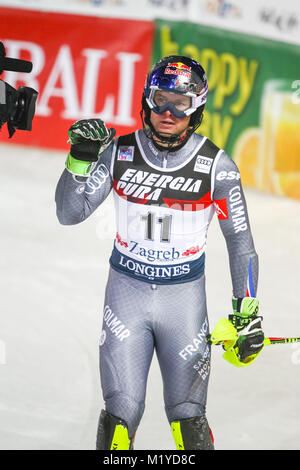 Zagabria, Croazia - Gennaio 4, 2018 : Alexis Pinturault di Fra compete durante l'Audi FIS Coppa del Mondo di Sci Alpino Slalom Mens, Snow Queen Trophy 2018 in Foto Stock