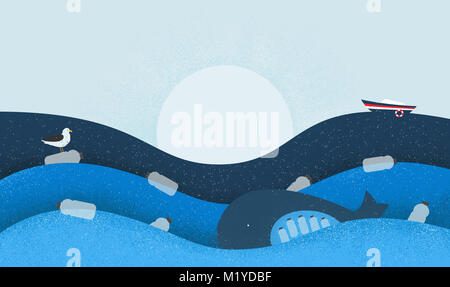 Poster con tema ecologico: Plastica inquinamento nell'oceano. La balena con bottiglie di plastica nello stomaco, la seduta di uccello che scorre sulla bottiglia di plastica Foto Stock