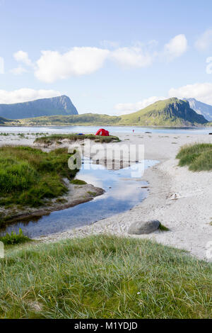 Tenda Rossa su erba verde vicino la sabbia in spiaggia Haukland, Isole Lofoten in Norvegia. Foto Stock