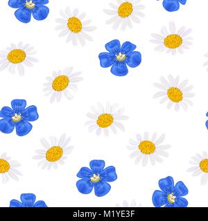 Margherita e dimenticare-me-non, seamless pattern vettore. lino, camomilla fiori selvaggi teste. Illustrazione Vettoriale