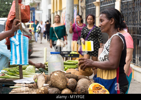 Cartagena, Colombia - Gennaio 24th, 2018: una donna locale street venditore a vendere le noci di cocco e banane (platano verde) al centro di Cartagena attraverso Foto Stock