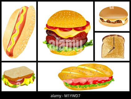 Panini e hamburger impostare isolati su sfondo bianco Illustrazione Vettoriale