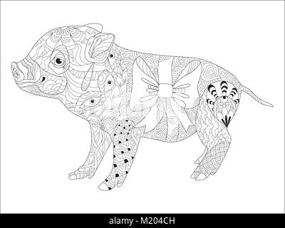 Zentangle illustrazione con pig. Groviglio Zen o doodle maialino. Libro da colorare animale domestico. Illustrazione Vettoriale