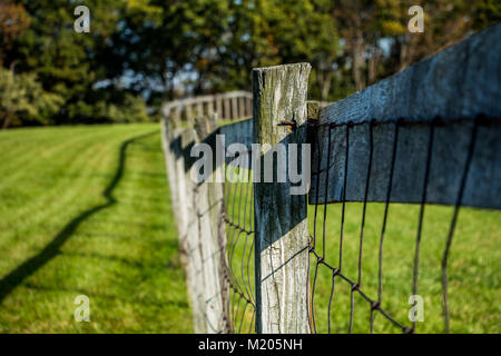 Età di recinzione di fattoria in un campo di erba Foto Stock
