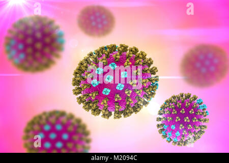 I virus influenzali, Michigan ceppo, illustrazione del computer. Ogni virus consiste di un nucleo di RNA (acido ribonucleico) materiale genetico circondato da un rivestimento proteico (viola). Incorporato nel rivestimento sono proteine di superficie (picchi). Ci sono due tipi di superficie, proteina emoagglutinina (verde) e neuraminidasi (blu), e ciascuna esiste in diversi sottotipi. Entrambe le proteine di superficie sono associati con la patogenicità del virus. Emaglutinina si lega a cellule ospite, permettendo al virus di inserirli e replicare. Consente di neuroaminidasi le nuove particelle per uscire dall'host dopo la replica. Foto Stock