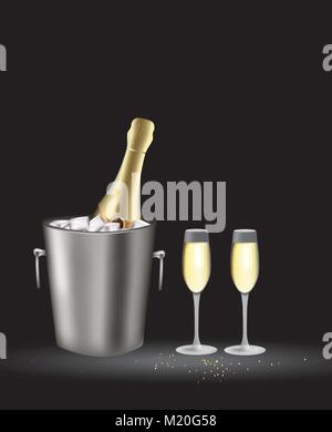 Bottiglia di Champagne nel secchio con due bicchieri, vettore Illustrazione Vettoriale