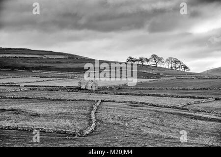 Foto in bianco e nero del Derbyshire peak district paesaggio con campi di calcare muri in pietra a secco England Regno Unito Foto Stock