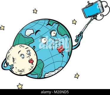 Il pianeta Terra e la luna giovane tenendo selfie. isolato su bianco ba Illustrazione Vettoriale