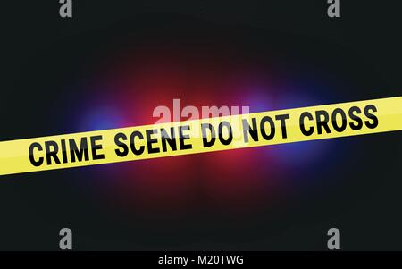 Scena del crimine di non attraversare il nastro con la polizia le spie lampeggianti Illustrazione Vettoriale