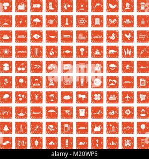 100 Riscaldamento globale set di icone grunge orange Illustrazione Vettoriale