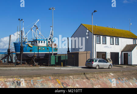 Un peschereccio locale al di fuori dell'acqua per la manutenzione di routine nel piccolo porto di pesca di Portavogie nella contea di Down Irlanda del Nord Foto Stock