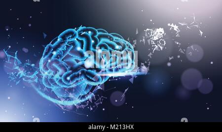 Incandescente cervello umano su poligonale con sfondo bokeh brillante luce bassa e stile Poly Scienze, Medicina e concetto di tecnologia Illustrazione Vettoriale