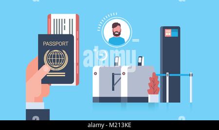 Business mano che tiene il passaporto e il biglietto per piano il controllo dello scanner all'Aeroporto uomo durante la registrazione per il concetto di partenza Illustrazione Vettoriale