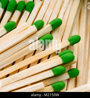 Gruppo levetta di legno verde Match di punta nella casella dei fiammiferi Foto Stock