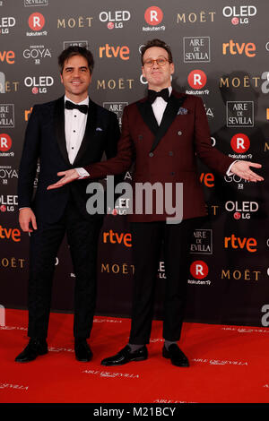 Gli attori Ernesto Sevilla e Joaquin Reyes a photocall durante l'annuale 32th Goya Film Awards a Madrid, sabato 3 febbraio, 2018. Credito: Gtres Información más Comuniación on line, S.L./Alamy Live News Foto Stock