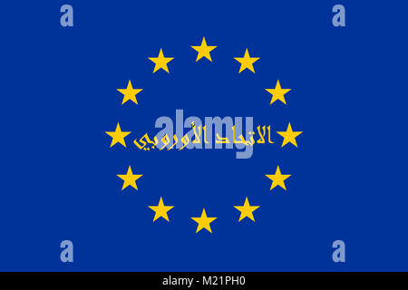 Bandiera della UE con legatura arabo iscrizione, che significa: "Unione Europea". Illustrazione della politica neologismo Eurabia. Foto Stock