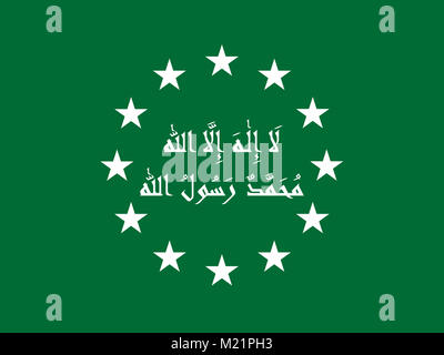 Bandiera della UE nel verde musulmano-design bianco con tradizionale shahada o dichiarazione Islamica di fede - "la ilaha illa-Llah, Muhammadur Rasulu-Llah' che Foto Stock