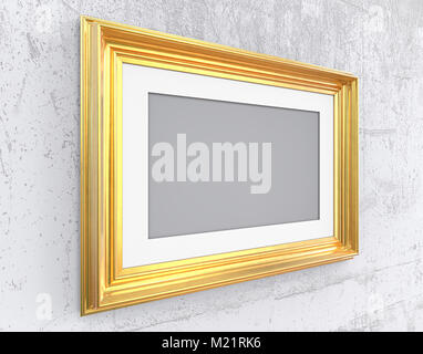 Vintage angolata cornice dorata con passe-partout sulla parete angolata. Calcestruzzo ruvido. Vuoto per copiare lo spazio. Foto Stock
